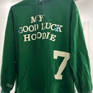 Green Hoodie with White Print my good luck hoodie